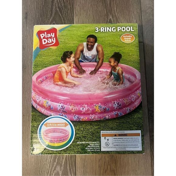 Play Day Kids Round Inflatable 3 Ring Kiddie Outdoor Pool Pink Pony Unicorn New - Picture 2 of 9